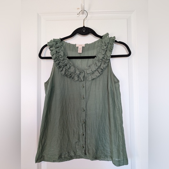 J. Crew Tops - J. Crew Silk Cotton Ruffled Bib Sleeveless Button Down Shirt Green Size 2